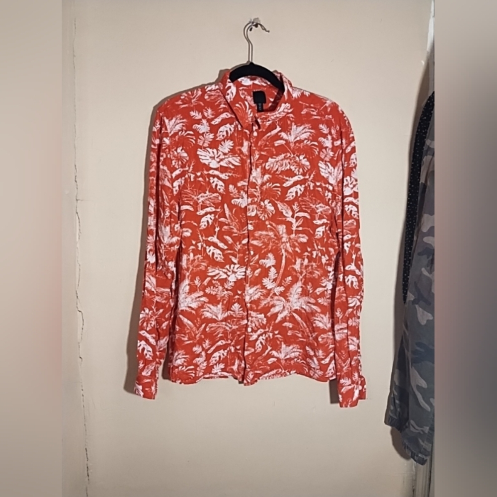 H &M Women's Orange Tropical Boho Leaf Print Button-Up Shirt‎ Size XL